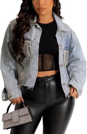 HTD Women's Cropped Jean Jacket Button Up Long Sleeve Ripped Distressed Denim Jacket Frayed Hem