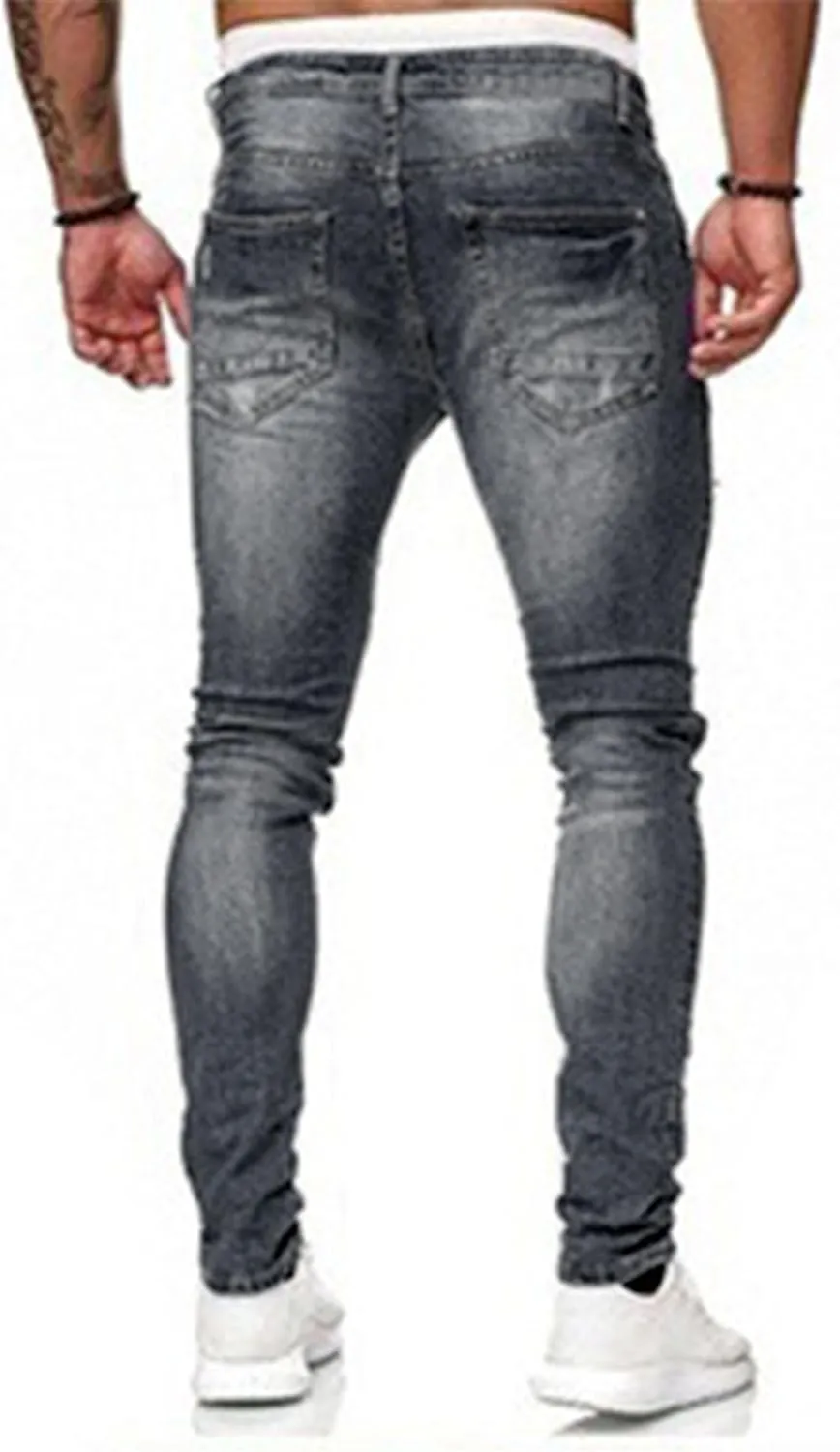 HUNGSON Men's Blue Slim Fit Jeans Stretch Destroyed Ripped Skinny Jeans Side Striped Denim Pants