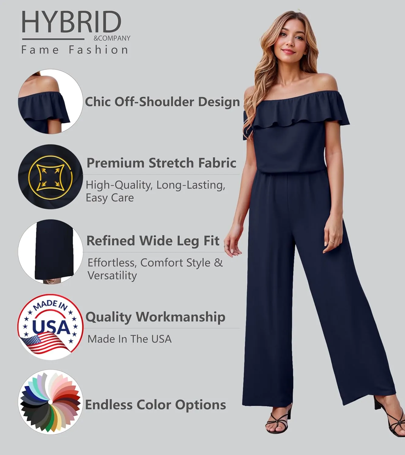 Hybrid & Company Women Casual Off Shoulder High Waist Pants Romper Wide Leg Jumpsuit