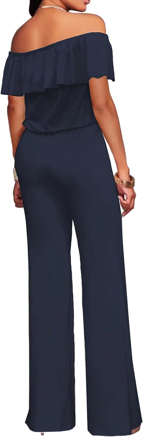 Hybrid & Company Women Casual Off Shoulder High Waist Pants Romper Wide Leg Jumpsuit