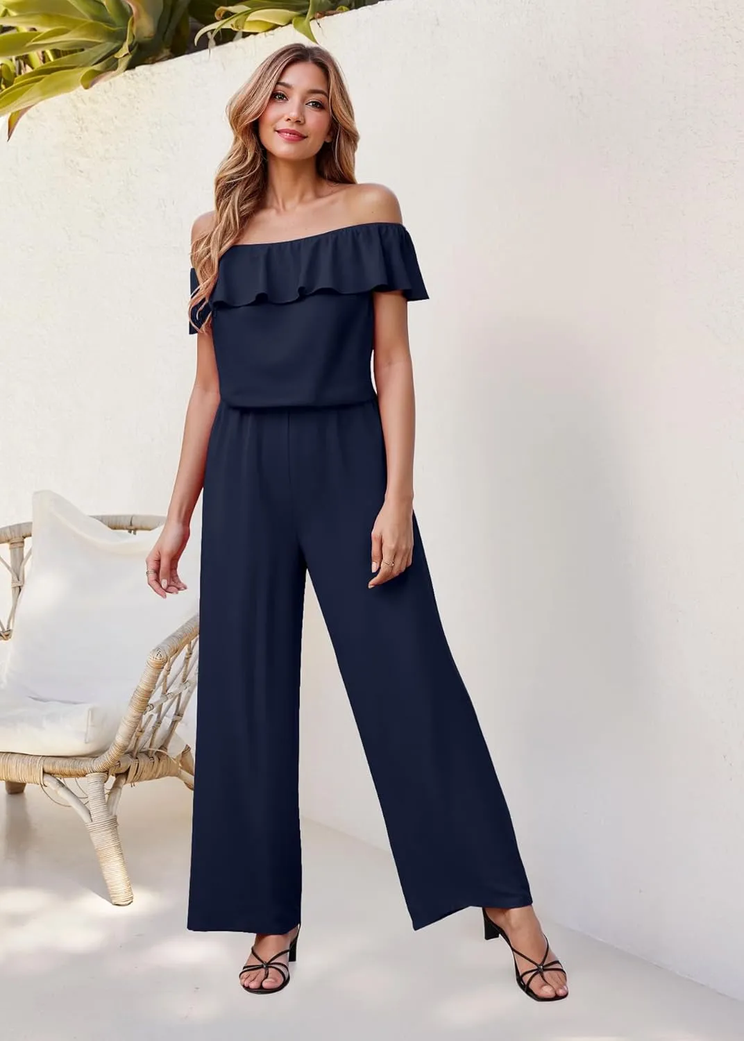 Hybrid & Company Women Casual Off Shoulder High Waist Pants Romper Wide Leg Jumpsuit