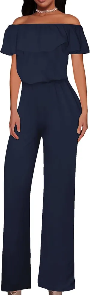 Hybrid & Company Women Casual Off Shoulder High Waist Pants Romper Wide Leg Jumpsuit
