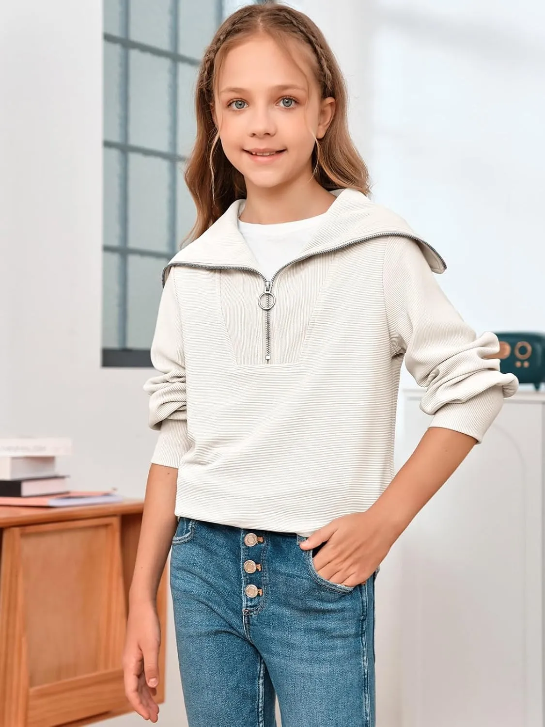 Imily Bela Girls Half Zip Sweatshirts Oversized Collar V Neck Long Sleeve Pullover Top