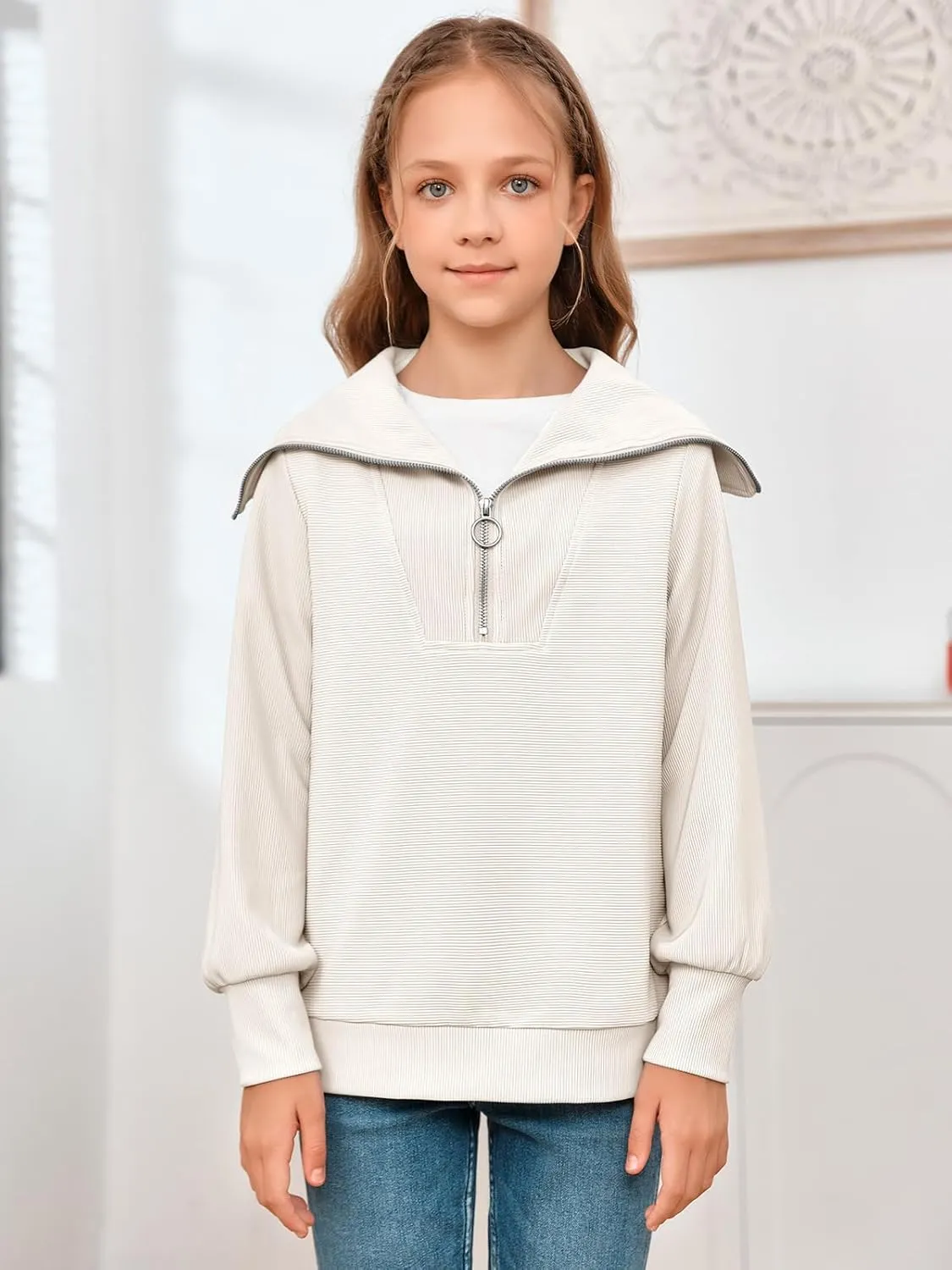 Imily Bela Girls Half Zip Sweatshirts Oversized Collar V Neck Long Sleeve Pullover Top