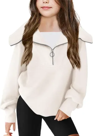 Imily Bela Girls Half Zip Sweatshirts Oversized Collar V Neck Long Sleeve Pullover Top