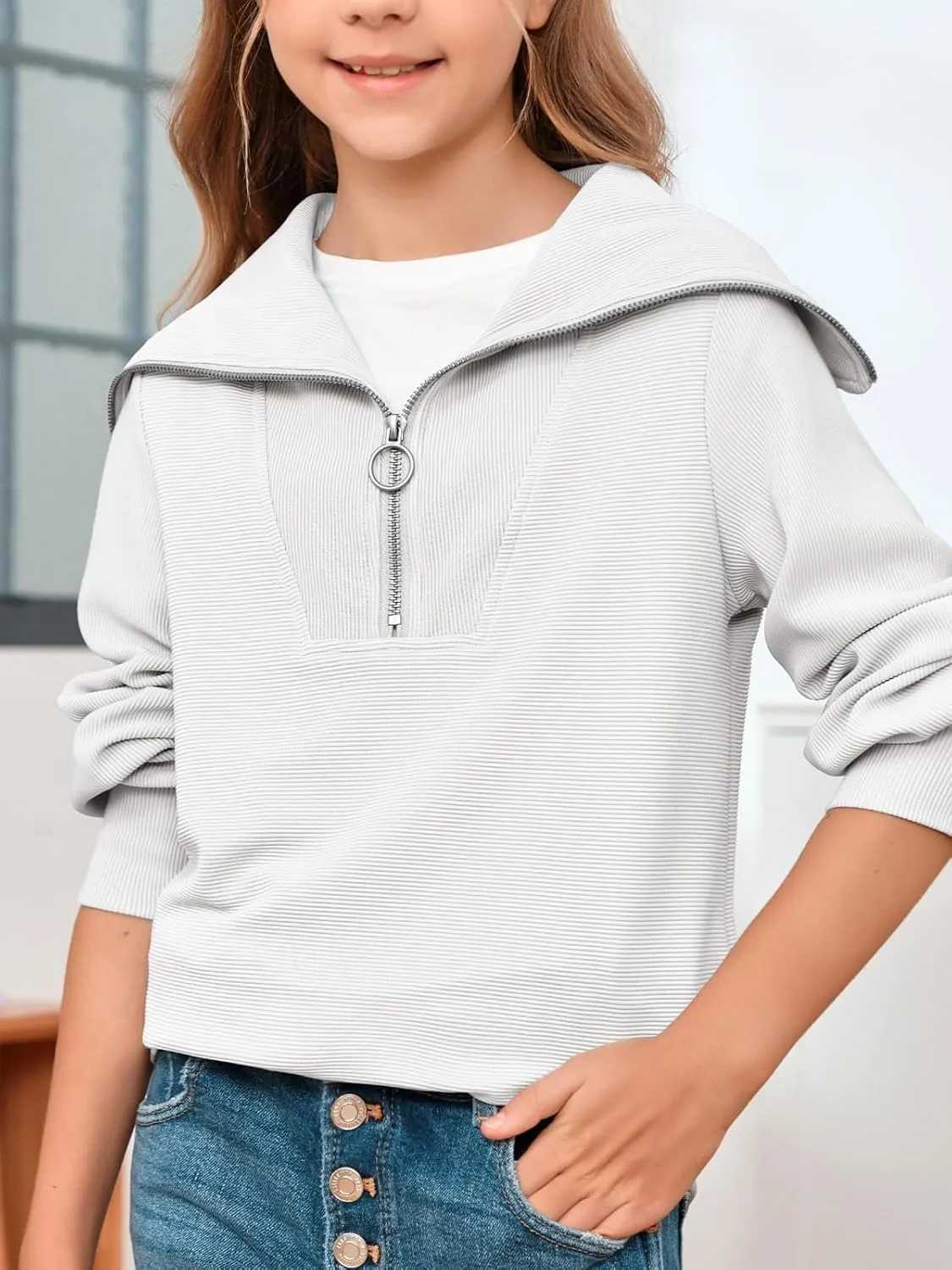 Imily Bela Girls Half Zip Sweatshirts Oversized Collar V Neck Long Sleeve Pullover Top