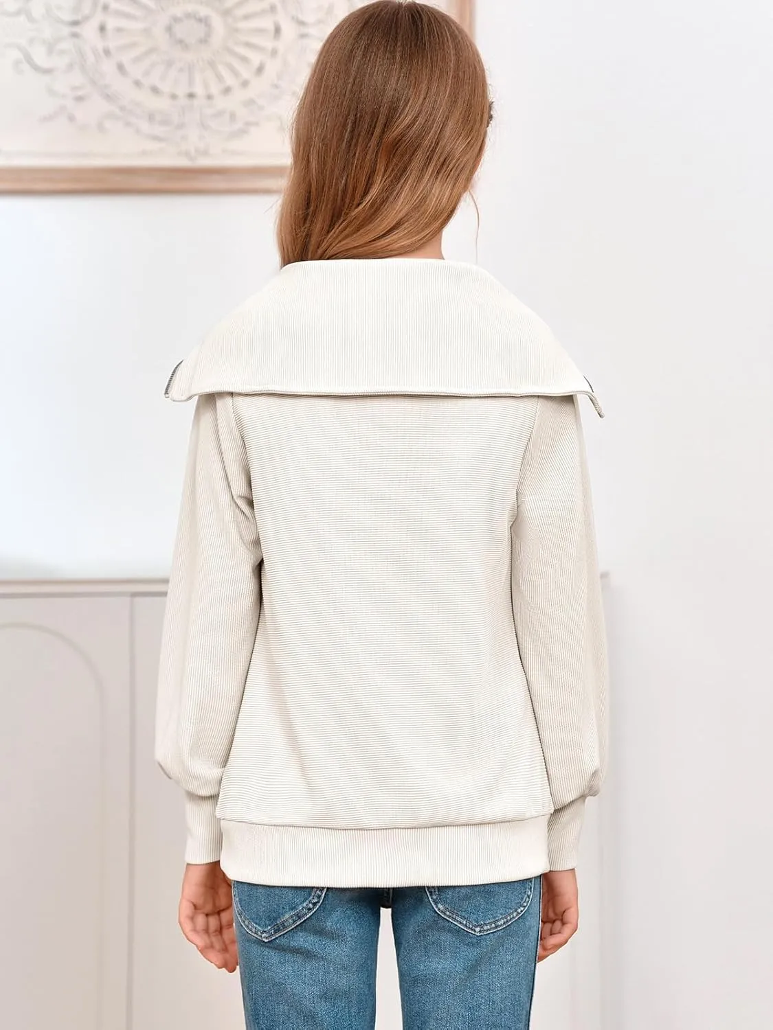 Imily Bela Girls Half Zip Sweatshirts Oversized Collar V Neck Long Sleeve Pullover Top