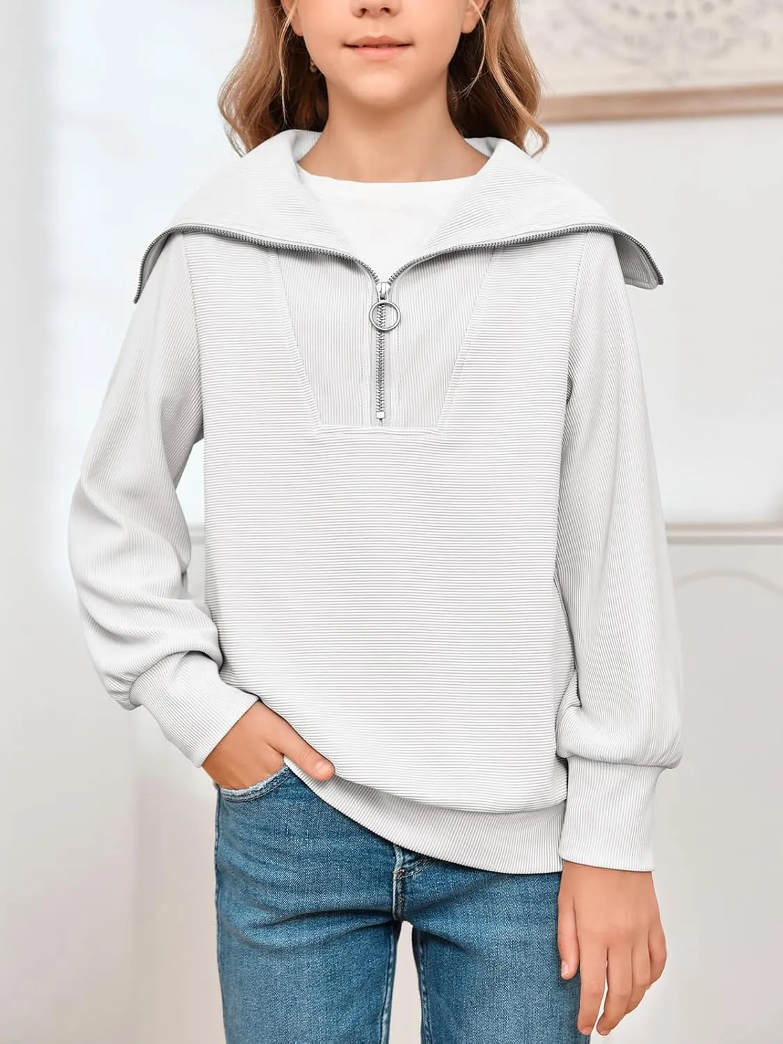 Imily Bela Girls Half Zip Sweatshirts Oversized Collar V Neck Long Sleeve Pullover Top