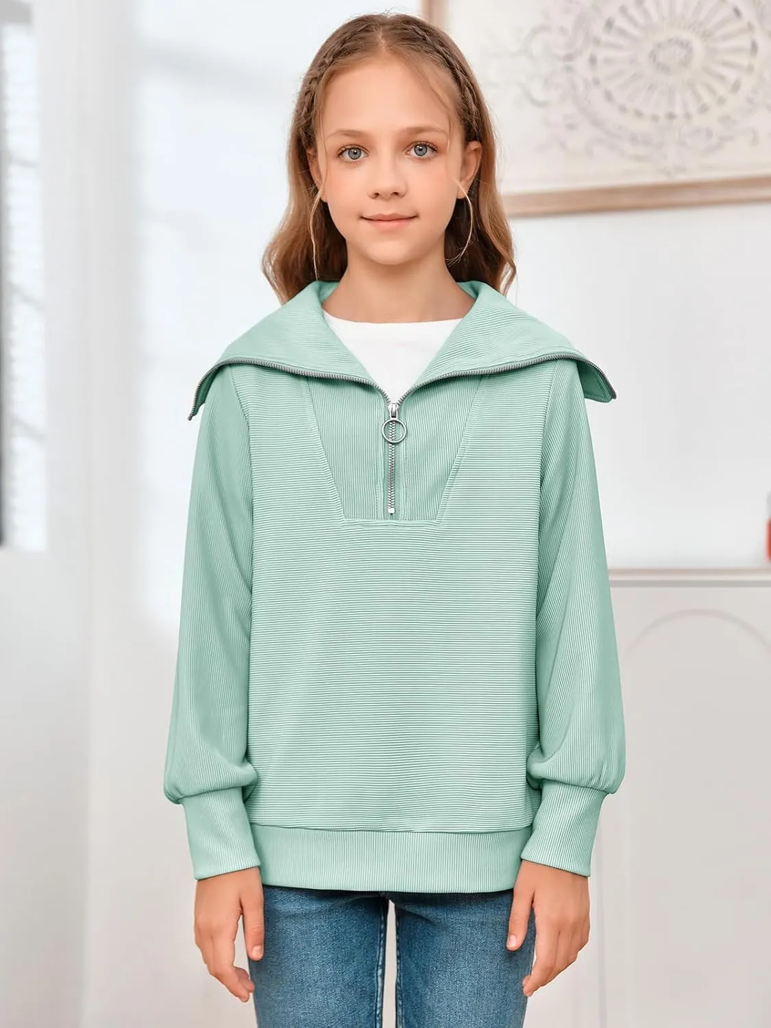 Imily Bela Girls Half Zip Sweatshirts Oversized Collar V Neck Long Sleeve Pullover Top