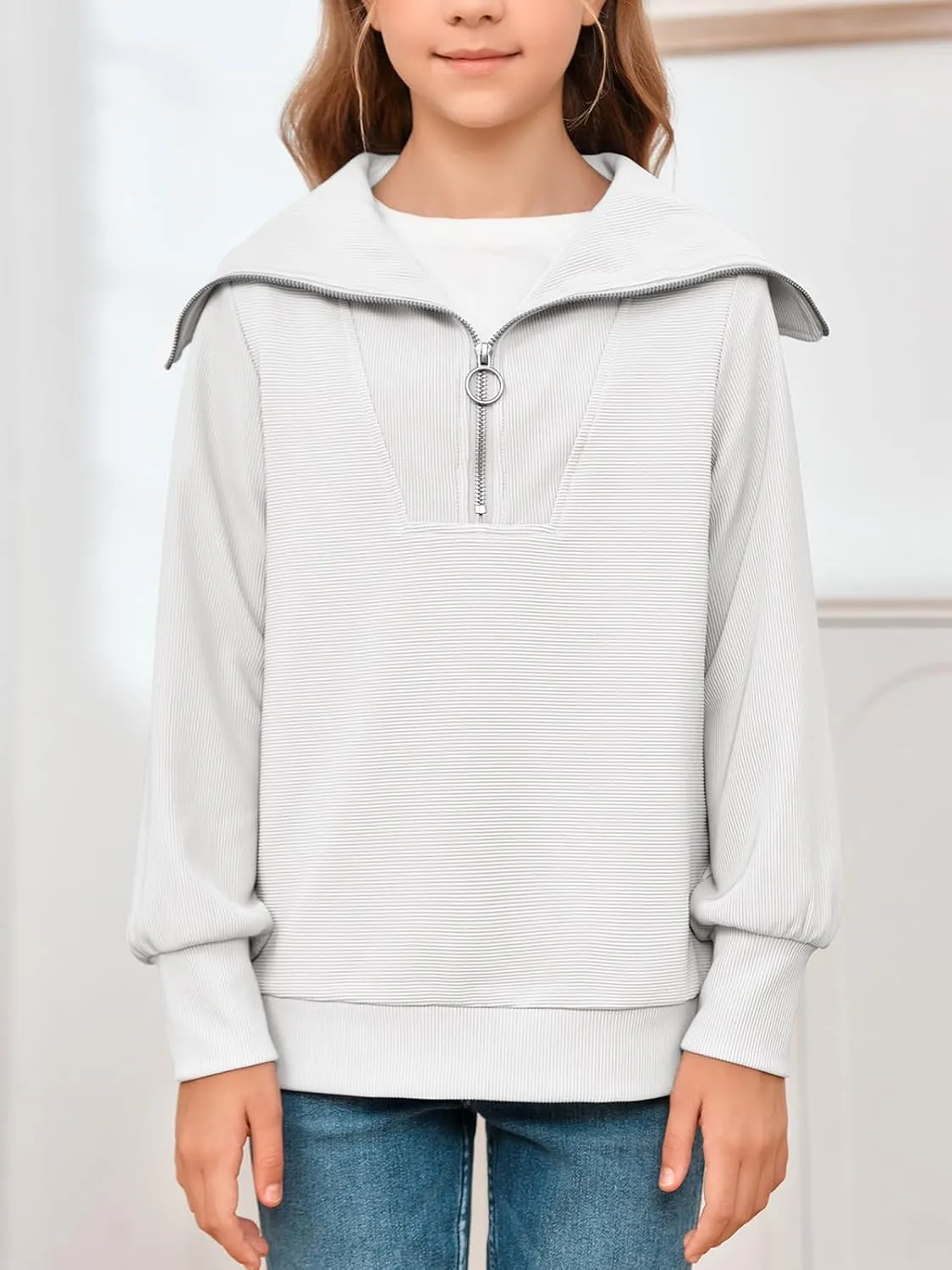 Imily Bela Girls Half Zip Sweatshirts Oversized Collar V Neck Long Sleeve Pullover Top