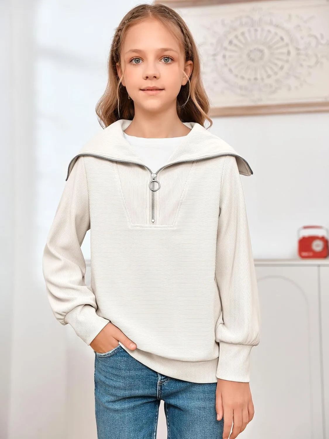 Imily Bela Girls Half Zip Sweatshirts Oversized Collar V Neck Long Sleeve Pullover Top