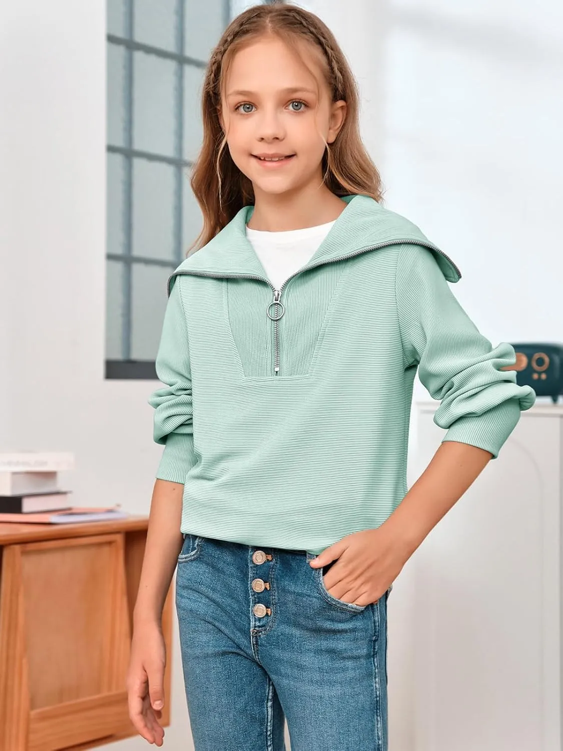 Imily Bela Girls Half Zip Sweatshirts Oversized Collar V Neck Long Sleeve Pullover Top