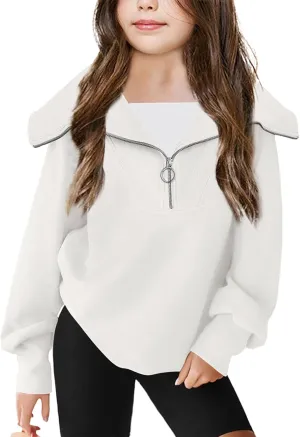 Imily Bela Girls Half Zip Sweatshirts Oversized Collar V Neck Long Sleeve Pullover Top
