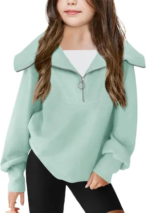 Imily Bela Girls Half Zip Sweatshirts Oversized Collar V Neck Long Sleeve Pullover Top