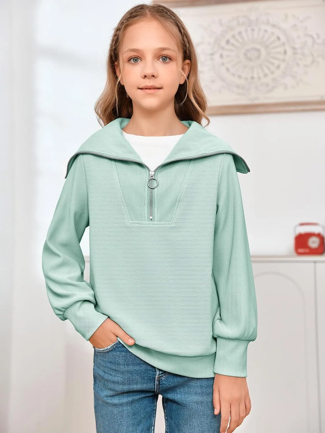 Imily Bela Girls Half Zip Sweatshirts Oversized Collar V Neck Long Sleeve Pullover Top