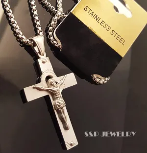 Jewelry For Stainless Steel 3D Jesus Cross Pendant w/ 24" Round Box Chain Necklace 192S Style-2345908-1454