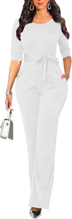 Jumpsuits for Women Dressy Formal Elegant Round Neck Half Sleeve Wide Leg Long Pants Rompers Business Casual Outfits