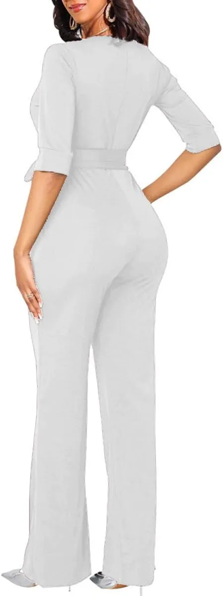 Jumpsuits for Women Dressy Formal Elegant Round Neck Half Sleeve Wide Leg Long Pants Rompers Business Casual Outfits