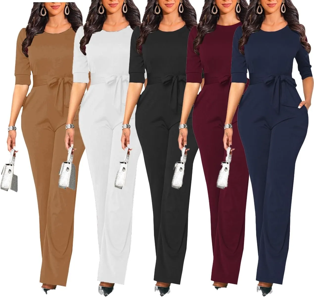 Jumpsuits for Women Dressy Formal Elegant Round Neck Half Sleeve Wide Leg Long Pants Rompers Business Casual Outfits