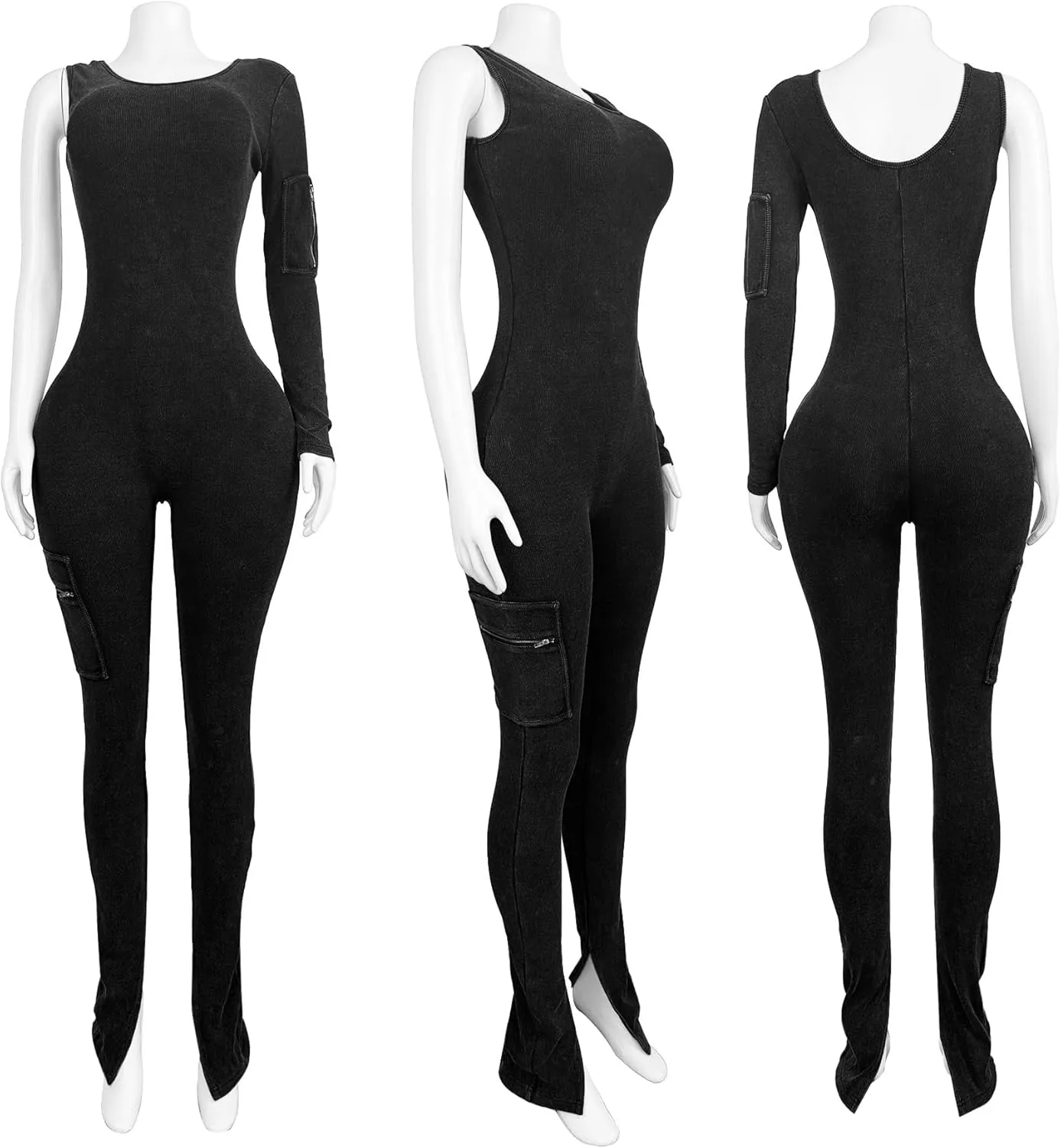 Jumpsuits for Women Ribbed One Shoulder Long Sleeve Bobycon One Piece Jumpsuit Stretch Flare Leggings Romper
