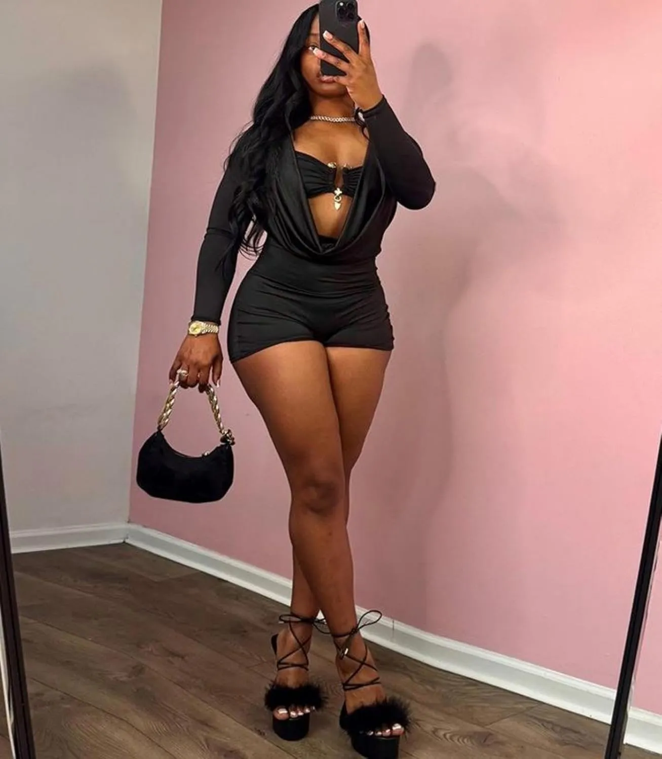 Jumpsuits for Women Sexy Deep V Neck Long Sleeve Romper Solid Color Bodycon Shorts Jumpsuit Going Out Outfits