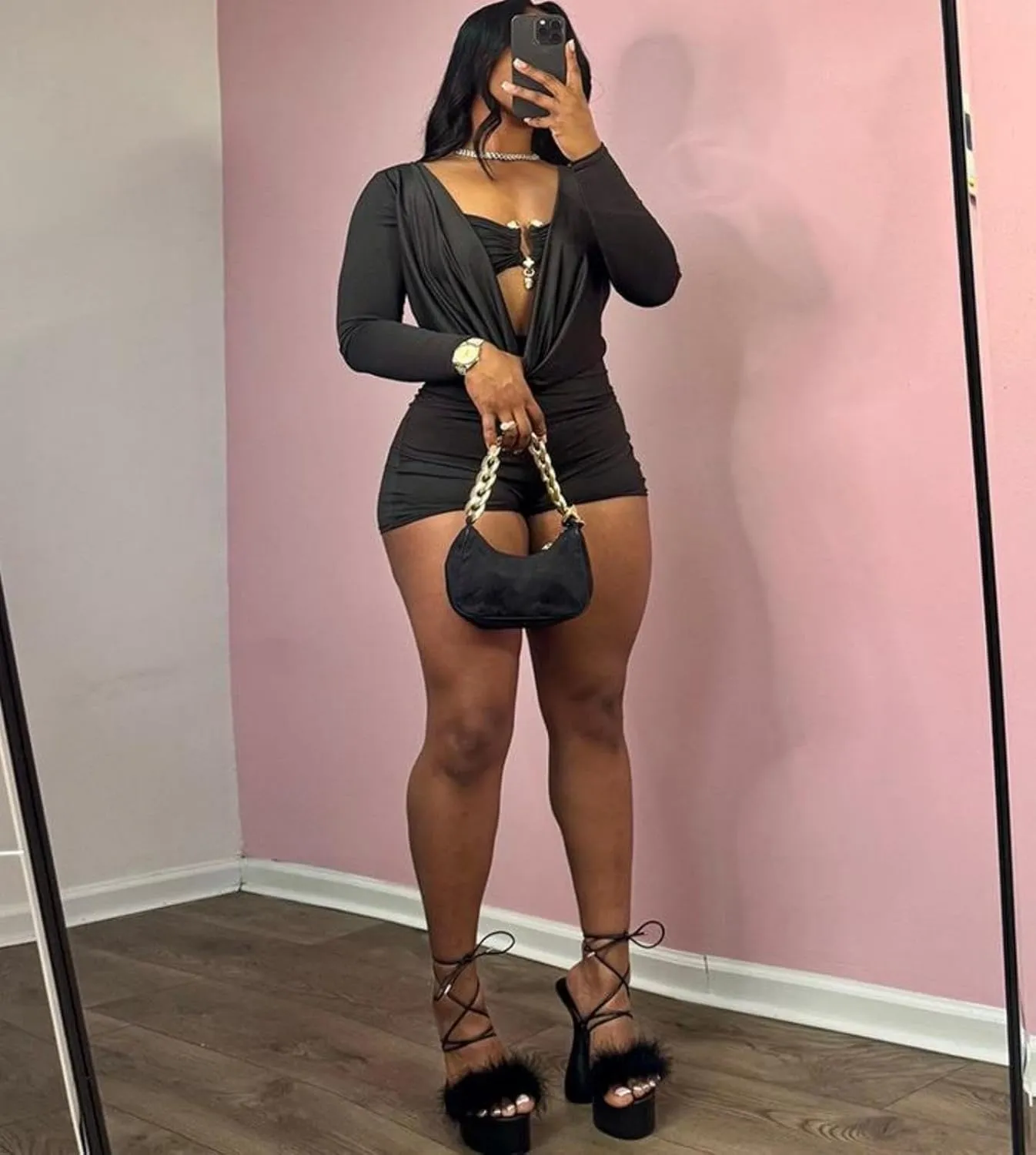 Jumpsuits for Women Sexy Deep V Neck Long Sleeve Romper Solid Color Bodycon Shorts Jumpsuit Going Out Outfits