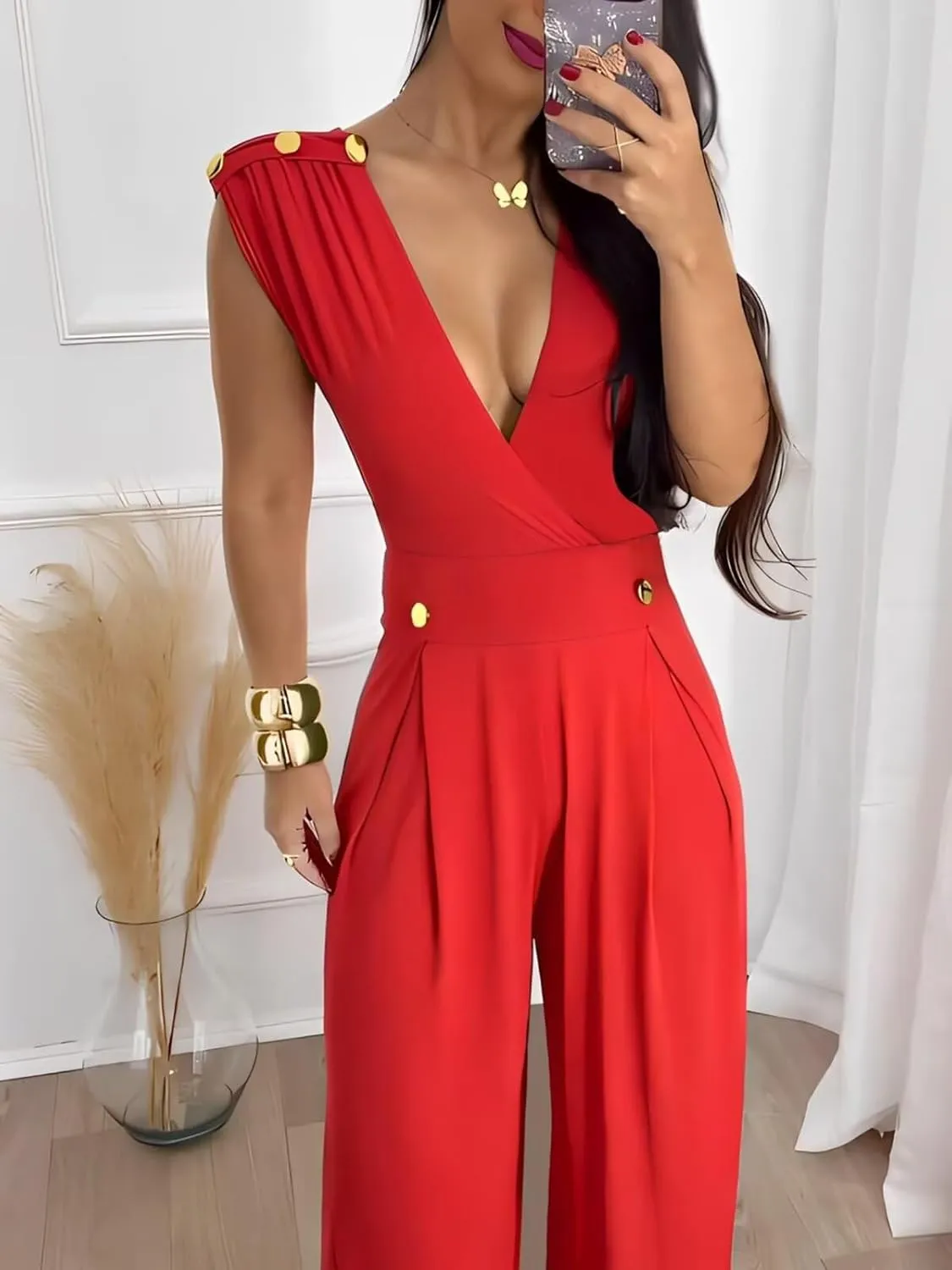 Jumpsuits for Women Sexy Wrap V Neck Sleeveless Rompers Dressy High Waist Full Length One Piece Outfits