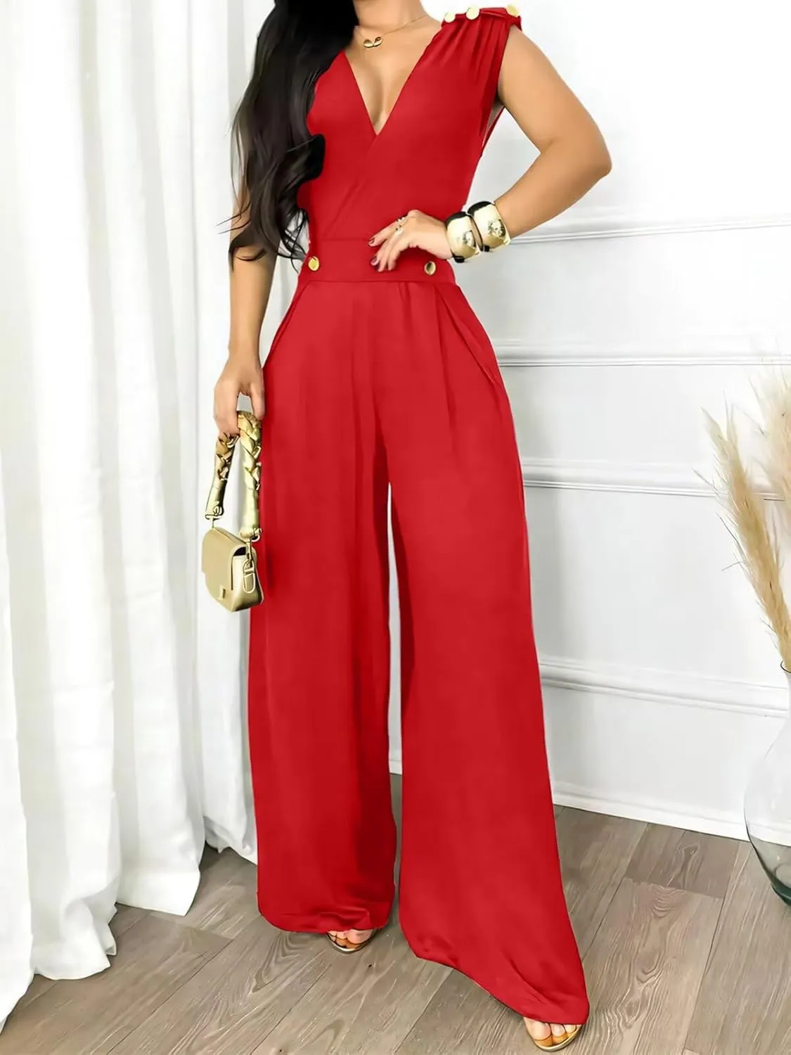 Jumpsuits for Women Sexy Wrap V Neck Sleeveless Rompers Dressy High Waist Full Length One Piece Outfits