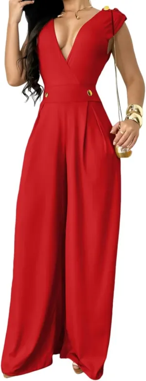 Jumpsuits for Women Sexy Wrap V Neck Sleeveless Rompers Dressy High Waist Full Length One Piece Outfits