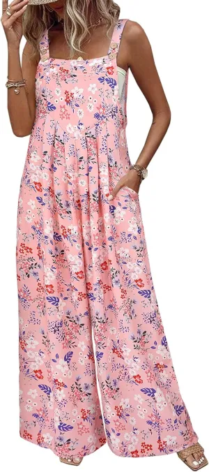 Jumpsuits for Women Summer Boho Floral Print Wide Leg Sleeveless Loose fit Overalls with Pockets One Piece Pink l