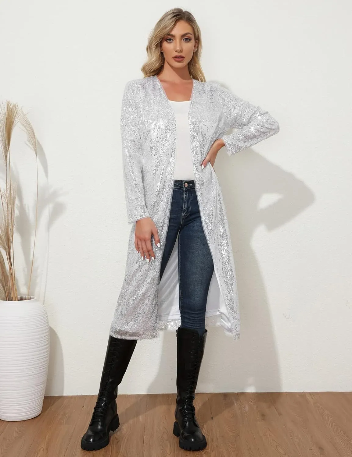 KANCY KOLE Women Sequin Cardigan Long Sleeve Open Front Jacket Blazers for Holiday Christmas