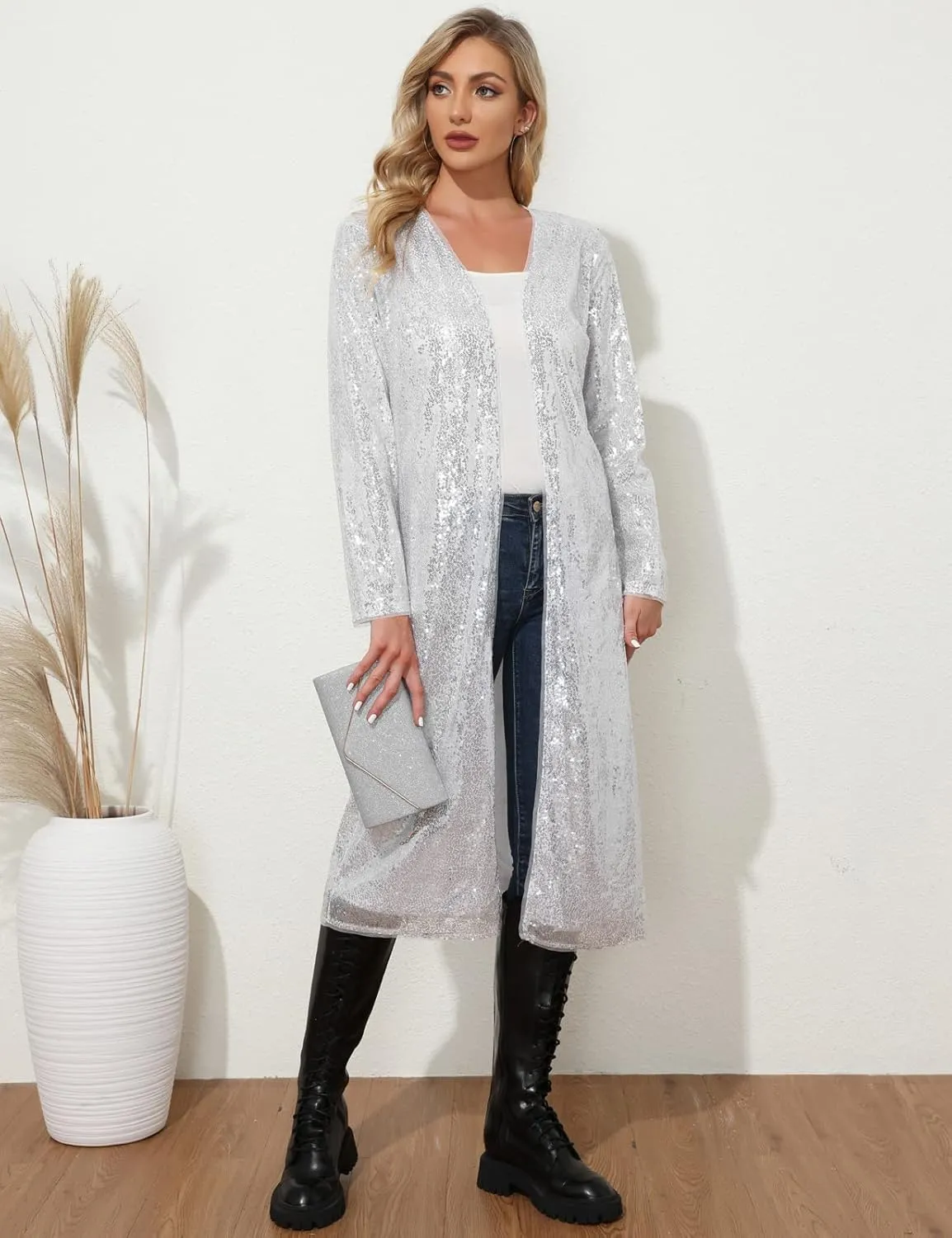 KANCY KOLE Women Sequin Cardigan Long Sleeve Open Front Jacket Blazers for Holiday Christmas