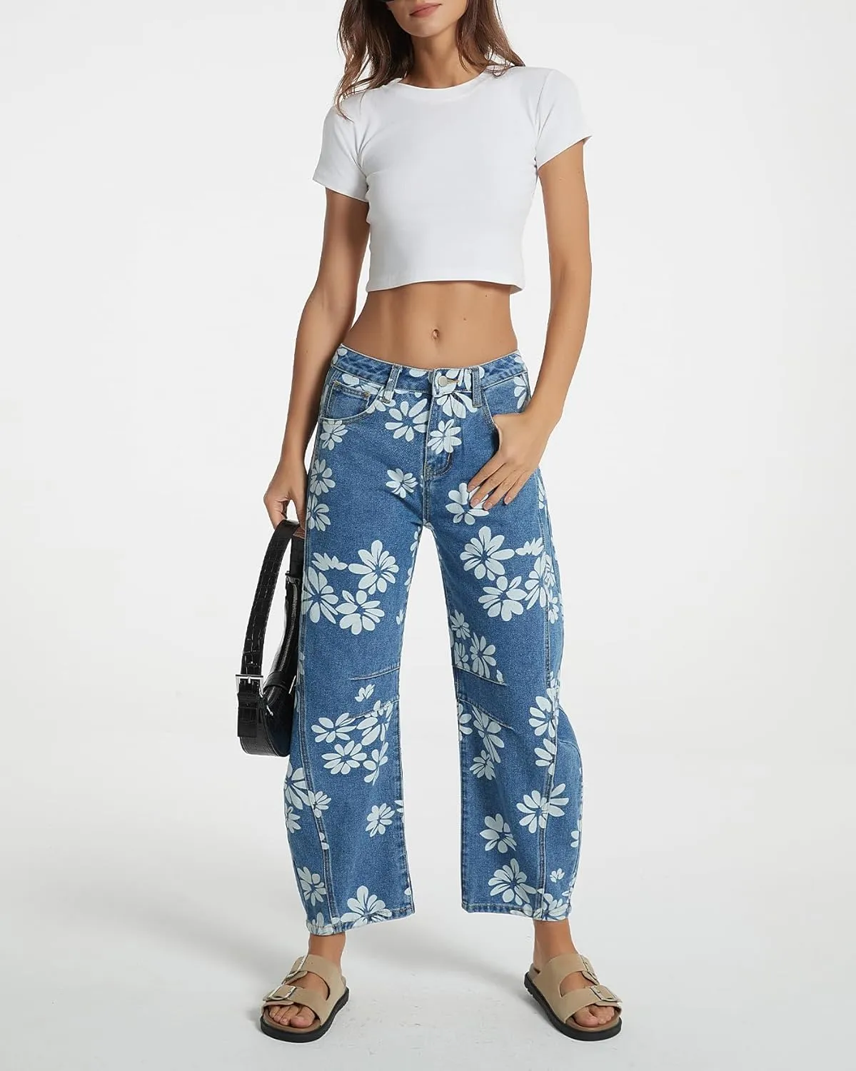 Kedera Women's Baggy Barrel Jeans Wide Leg Mid Rise Y2K Boyfriend Jeans Casual Floral Printed Ankle Denim Pants