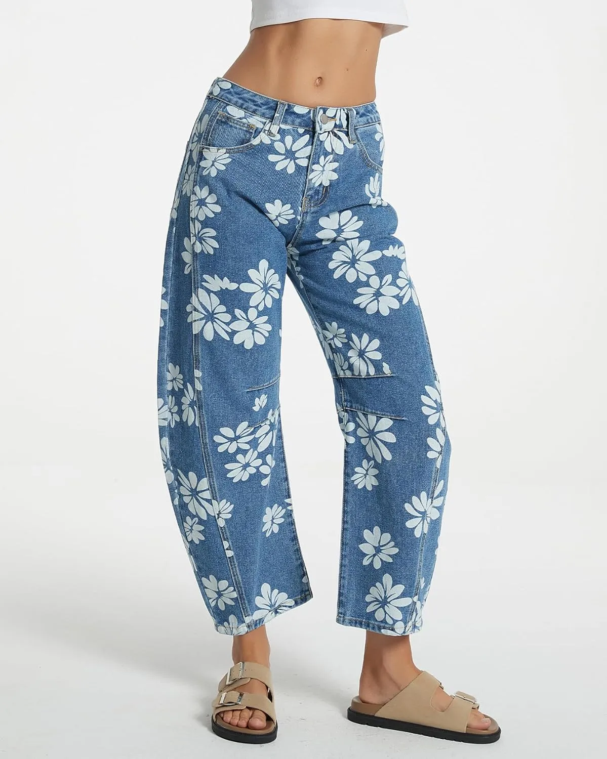 Kedera Women's Baggy Barrel Jeans Wide Leg Mid Rise Y2K Boyfriend Jeans Casual Floral Printed Ankle Denim Pants