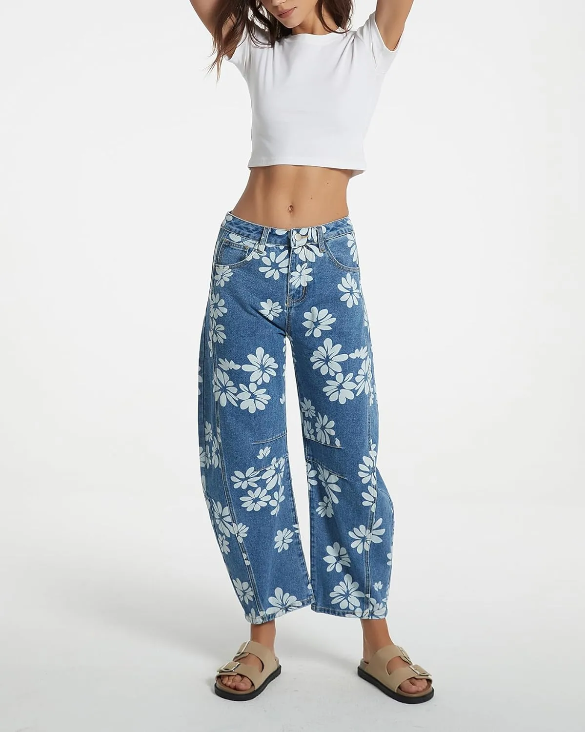 Kedera Women's Baggy Barrel Jeans Wide Leg Mid Rise Y2K Boyfriend Jeans Casual Floral Printed Ankle Denim Pants