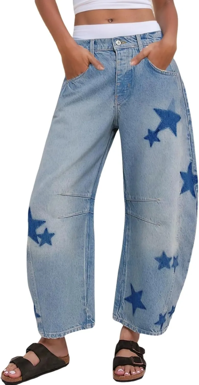 Kedera Women's Barrel Boyfriend Baggy Star Print Jeans Denim Pants Mid Rise Wide Leg Y2K Horseshoe Jeans Trendy