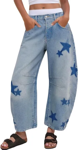 Kedera Women's Barrel Boyfriend Baggy Star Print Jeans Denim Pants Mid Rise Wide Leg Y2K Horseshoe Jeans Trendy