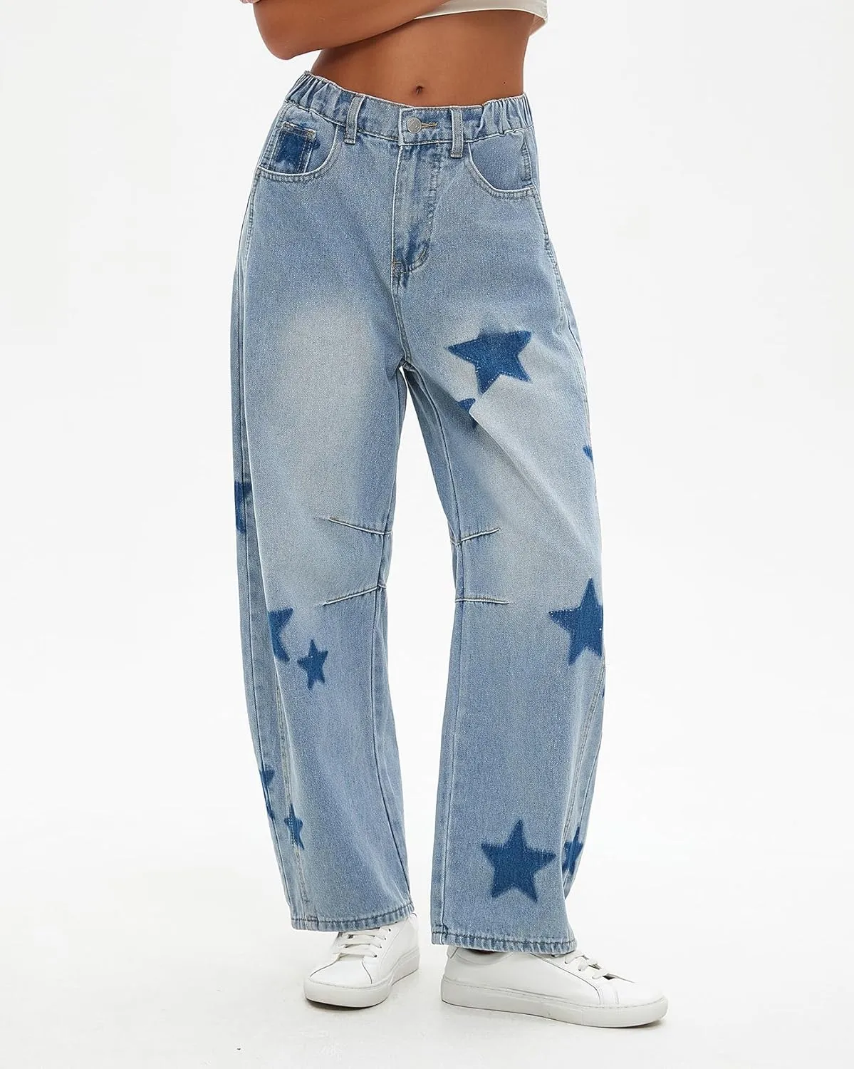 Kedera Women's Barrel Boyfriend Baggy Star Print Jeans Denim Pants Mid Rise Wide Leg Y2K Horseshoe Jeans Trendy