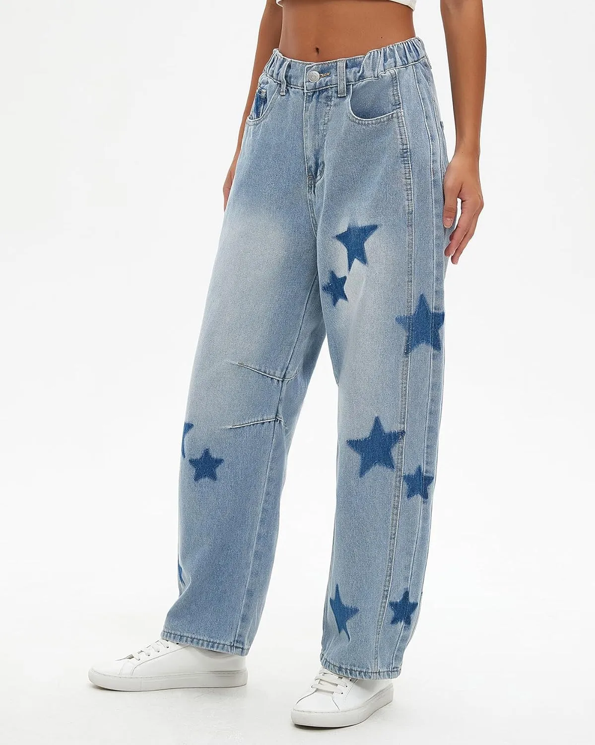 Kedera Women's Barrel Boyfriend Baggy Star Print Jeans Denim Pants Mid Rise Wide Leg Y2K Horseshoe Jeans Trendy