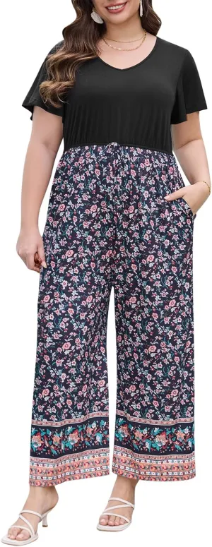 Keluummi Plus Size Summer Floral Jumpsuits for Curvy Women, Casual V Neck Empire Waist Long Pants Romper with Pockets