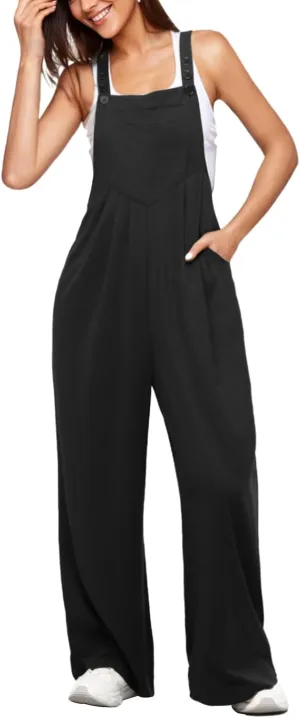 keriffe Womens Casual Overalls Jumpsuits Wide Leg Loose Fit Pants One Piece Sleeveless Adjustable Strap Rompers with Pockets