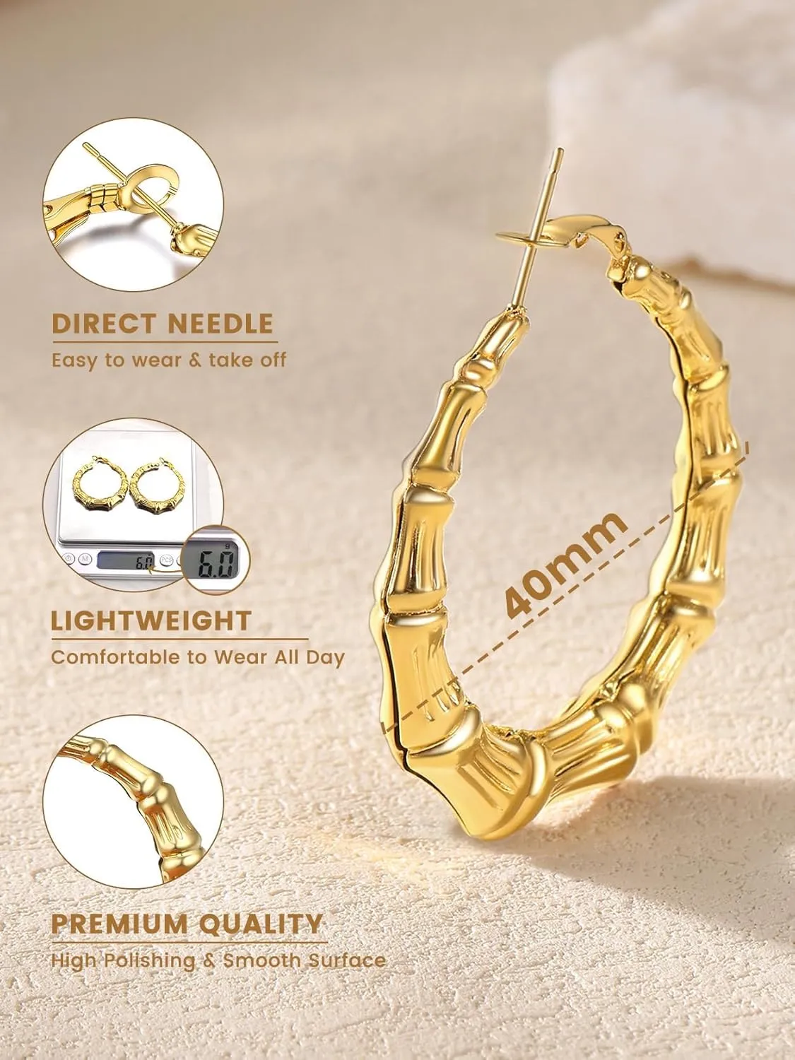 KeyStyle Bamboo Hoop Earrings for Women, Stainless Steel 90s Hoops Earring Lightweight Loops for Party, 2 mm Thick Hypoallergenic Vintage Circle Endless Thin Hoop (40mm, 60mm, 80mm,)
