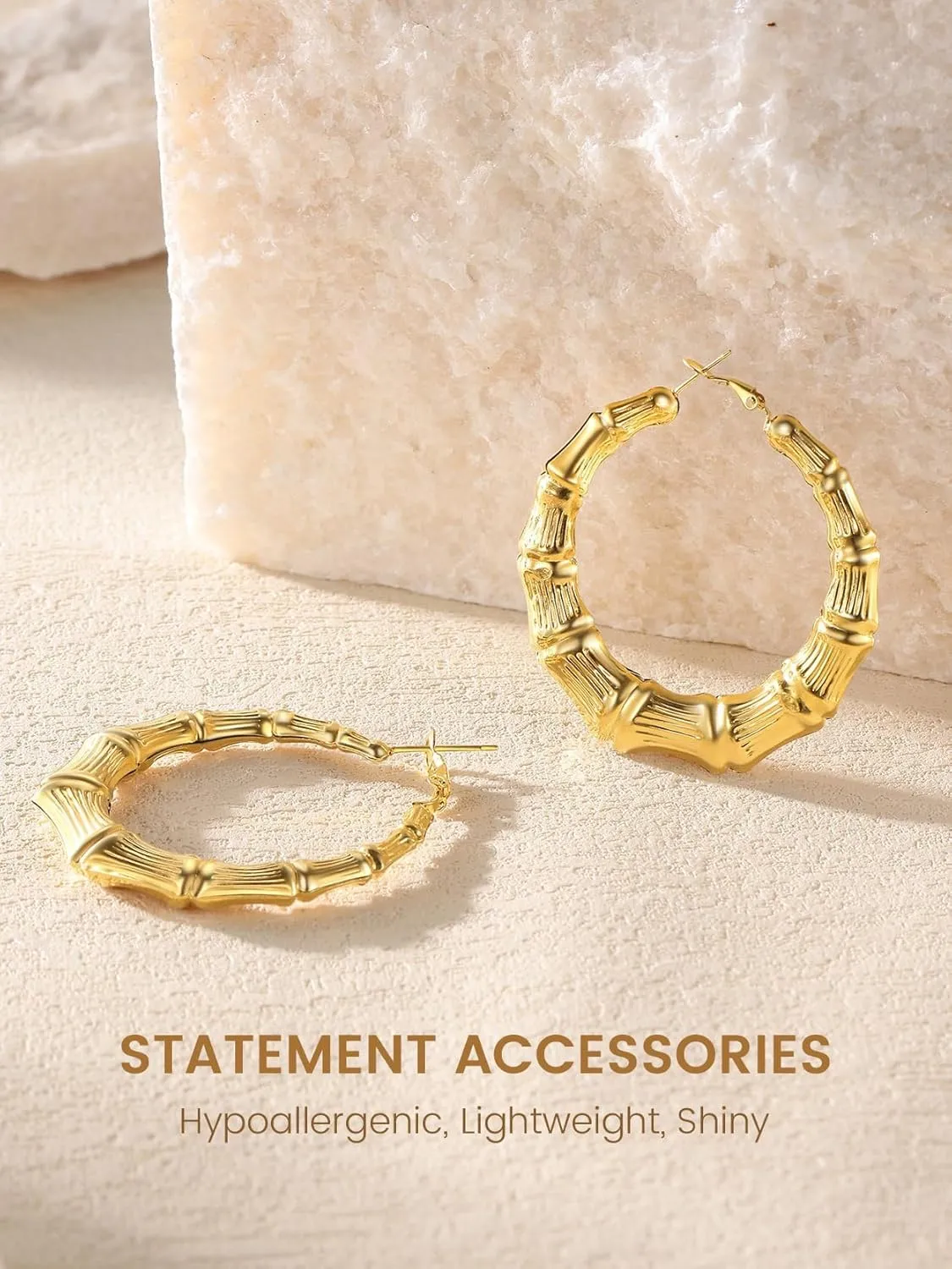 KeyStyle Bamboo Hoop Earrings for Women, Stainless Steel 90s Hoops Earring Lightweight Loops for Party, 2 mm Thick Hypoallergenic Vintage Circle Endless Thin Hoop (40mm, 60mm, 80mm,)