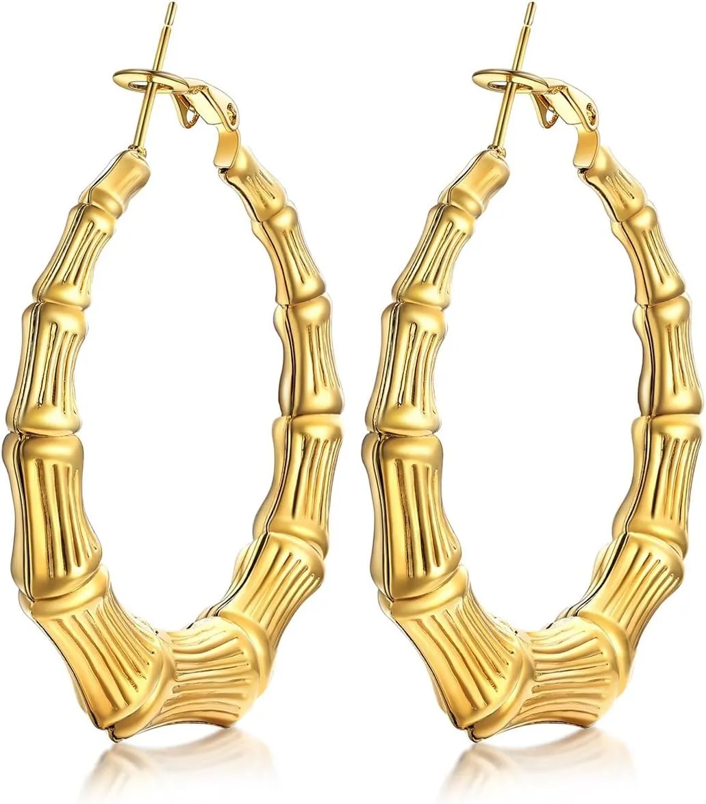 KeyStyle Bamboo Hoop Earrings for Women, Stainless Steel 90s Hoops Earring Lightweight Loops for Party, 2 mm Thick Hypoallergenic Vintage Circle Endless Thin Hoop (40mm, 60mm, 80mm,)