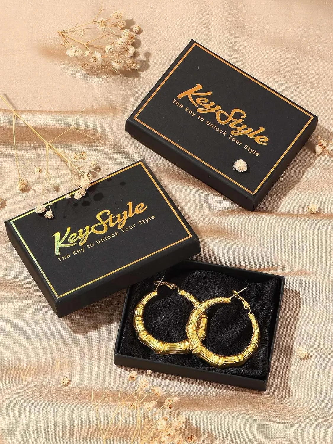KeyStyle Bamboo Hoop Earrings for Women, Stainless Steel 90s Hoops Earring Lightweight Loops for Party, 2 mm Thick Hypoallergenic Vintage Circle Endless Thin Hoop (40mm, 60mm, 80mm,)