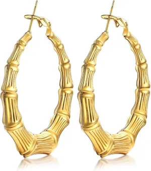 KeyStyle Bamboo Hoop Earrings for Women, Stainless Steel 90s Hoops Earring Lightweight Loops for Party, 2 mm Thick Hypoallergenic Vintage Circle Endless Thin Hoop (40mm, 60mm, 80mm,)