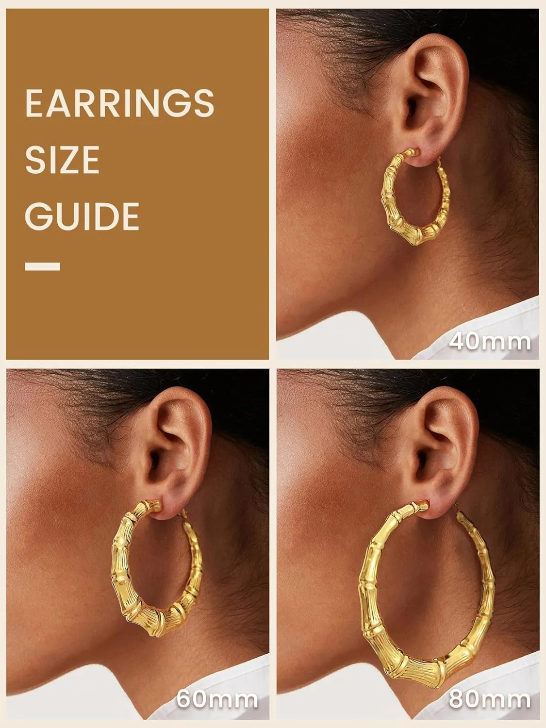KeyStyle Bamboo Hoop Earrings for Women, Stainless Steel 90s Hoops Earring Lightweight Loops for Party, 2 mm Thick Hypoallergenic Vintage Circle Endless Thin Hoop (40mm, 60mm, 80mm,)