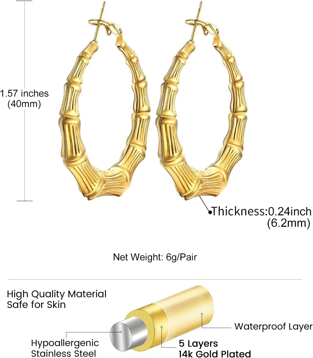 KeyStyle Bamboo Hoop Earrings for Women, Stainless Steel 90s Hoops Earring Lightweight Loops for Party, 2 mm Thick Hypoallergenic Vintage Circle Endless Thin Hoop (40mm, 60mm, 80mm,)