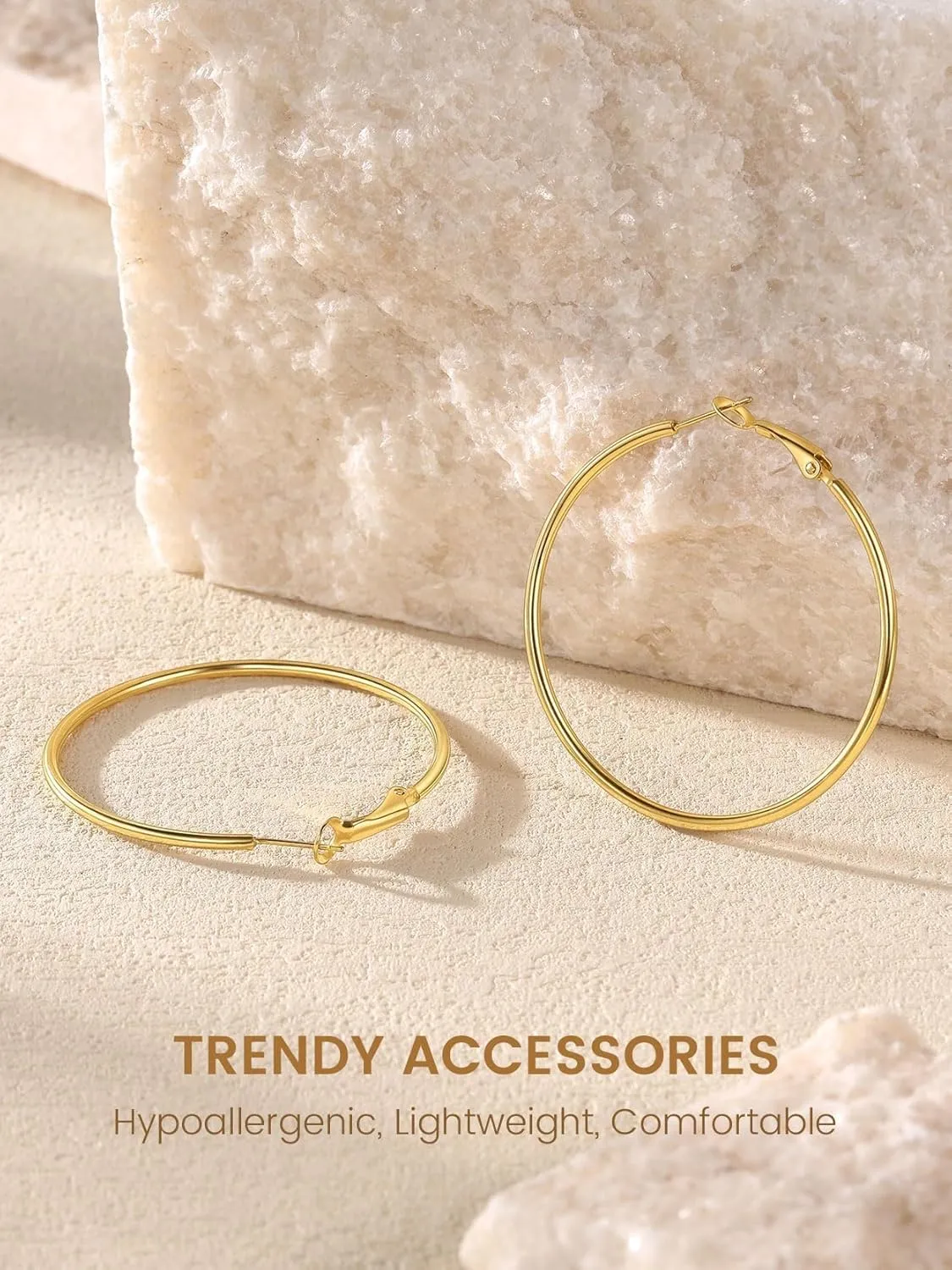 KeyStyle Gold Hoop Earrings for Women, Stainless Steel Hoops Earring Lightweight Loops, 2 mm Thick Hypoallergenic Circle Endless Thin Hoop (30 mm,50 mm,70 mm,100 mm)