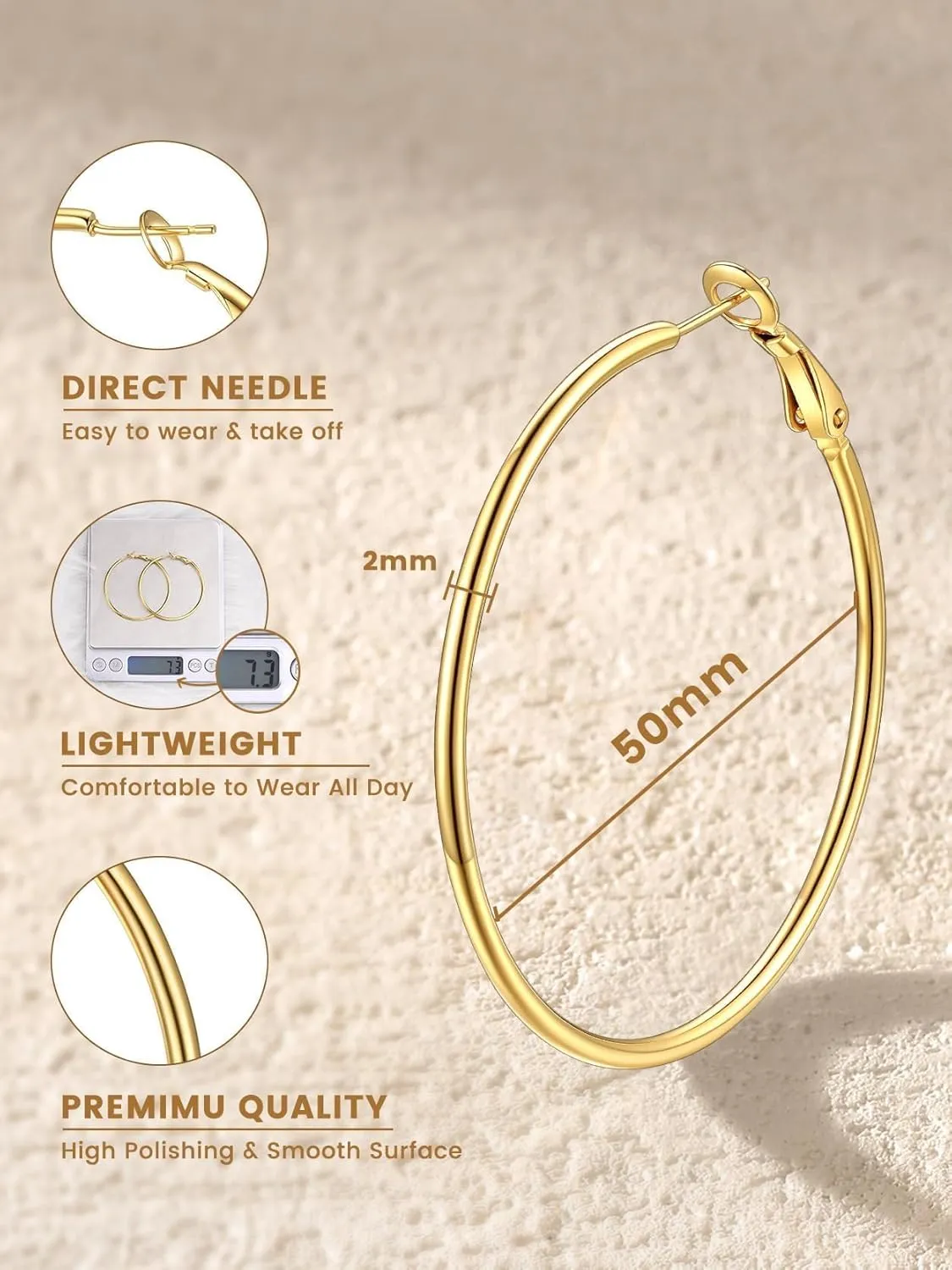 KeyStyle Gold Hoop Earrings for Women, Stainless Steel Hoops Earring Lightweight Loops, 2 mm Thick Hypoallergenic Circle Endless Thin Hoop (30 mm,50 mm,70 mm,100 mm)